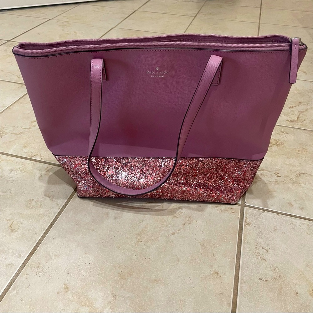 Kate Spade New York Greta Court Penny Tote Bag Purple Glitter Large Purse